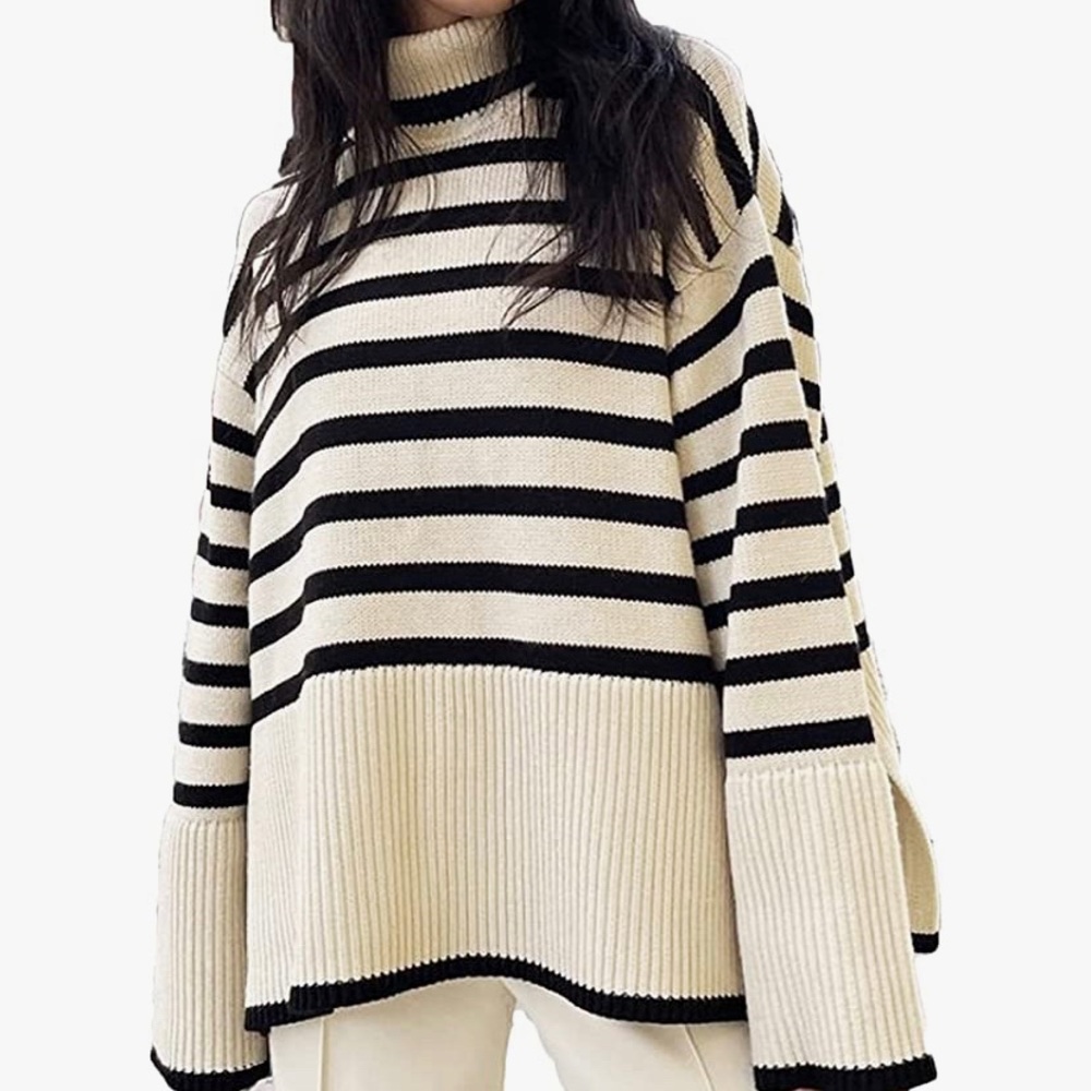 Women’s oversized striped turtleneck sweater, size Large